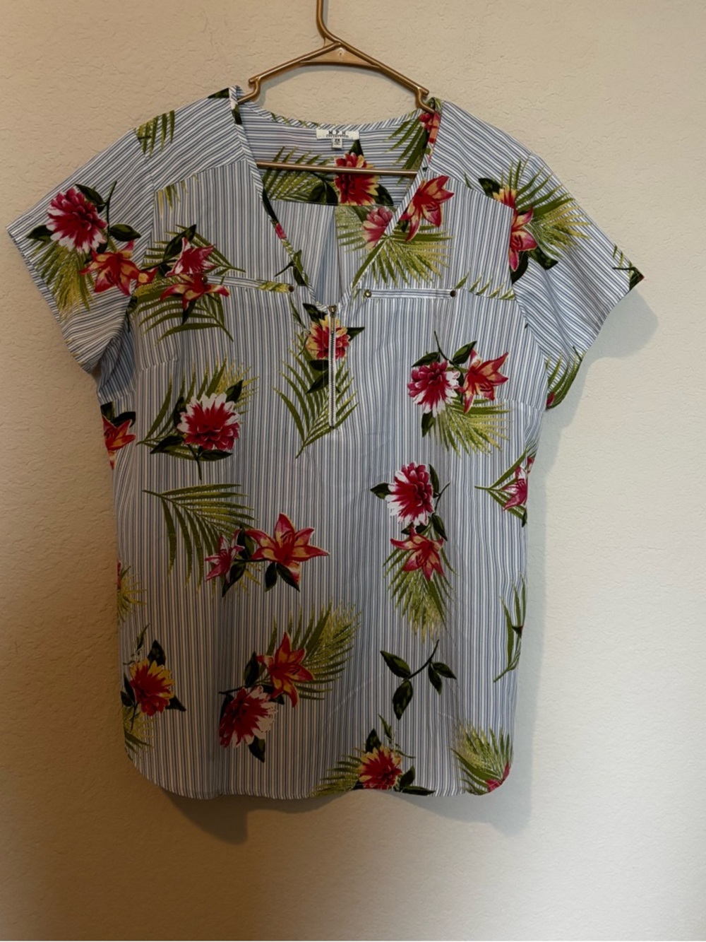 MPH Collection Womens Blue White Striped Tropical Flowers Size 2X